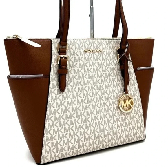 Michael Kors Large Charlotte Tote Bag Luggage Leather Vanilla/Brown - Picture 1 of 12